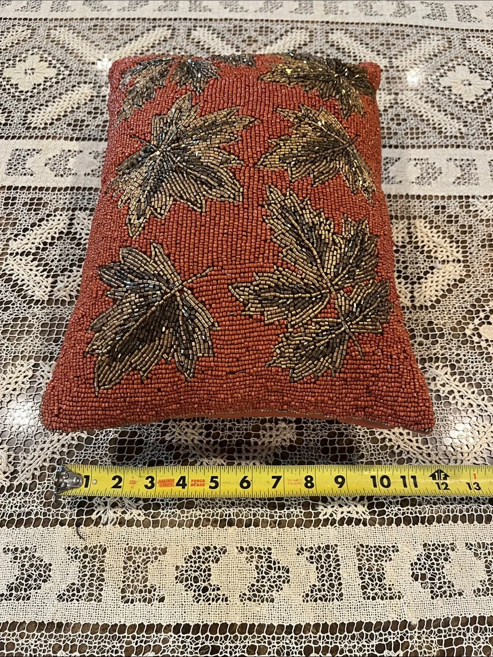 Autumn Hill Orange with Gold Leaves Ornate Beaded Accent Pillow Fall Decor